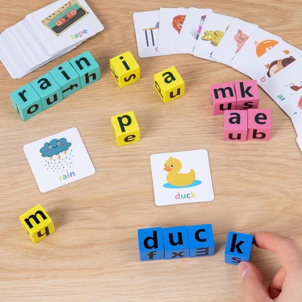 P4D Word Spelling Game With Colourful Wooden Blocks Picture Cards And A Bell Educational Toys