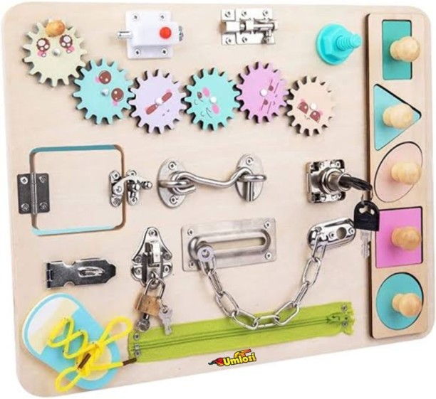 Umlozi Toddler Wooden Busy Board for 1 Year Old- Montessori Board- Activity Board- Toddler Sensory- Locks and Latches Activity Board Board Activity Toys