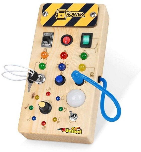 Umlozi Wooden Busy Board With 8 LED Switches & 15 Lights Educational Cubes