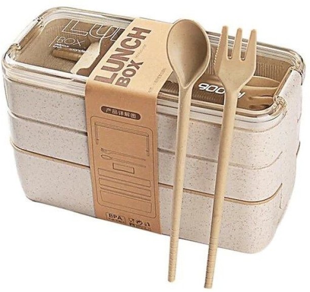 jozi trade 900ml Eco-Friendly 3-Layer Microwavable Lunchbox with Cutlery -beige 3 Containers Lunch Box