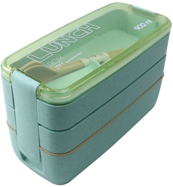 jozi trade 900ml Eco-Friendly 3-Layer Microwavable Lunchbox with Cutlery - Green 3 Containers Lunch Box