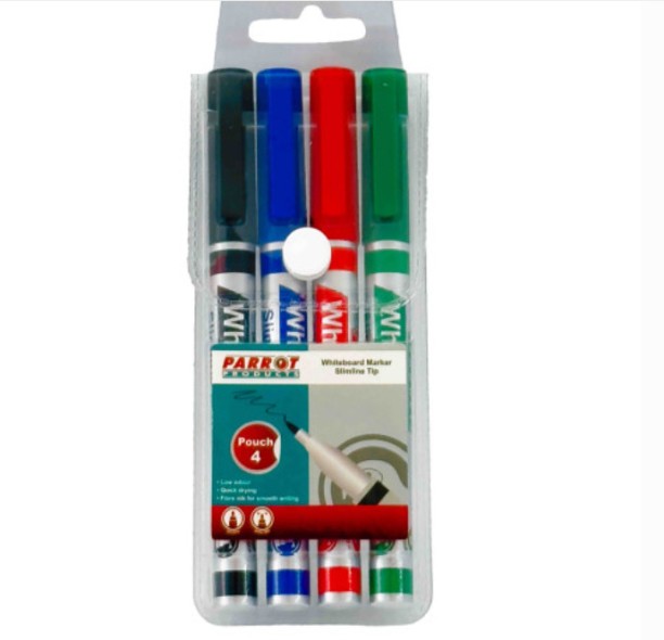 Parrot Whiteboard Markers – Slimline Tip, 2mm Nib | 4 Colours Pack | Low Odour & Quick Drying
