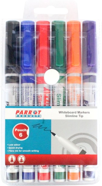 Parrot Products Whiteboard Markers (6 Markers - Slimline Tip - Pouch)