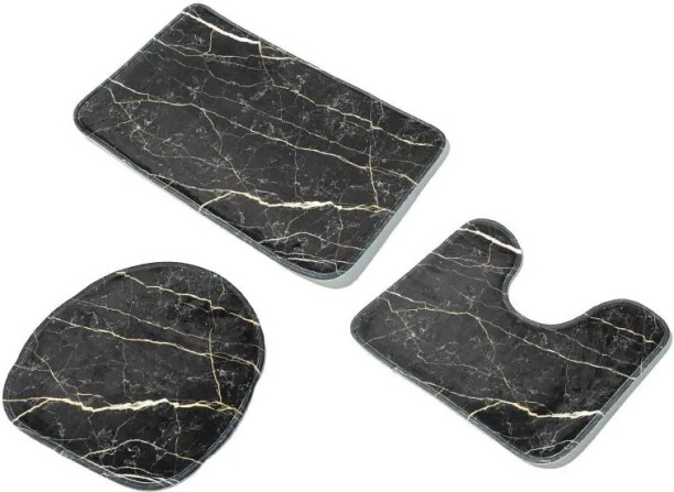 WOODLY Bath Foam Mat Set, Black Marble Pattern, 3 Pieces Bathroom Mat