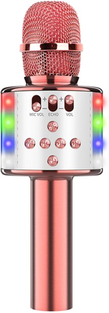 FocusToys 4-in-1 Karaoke Bluetooth Wireless Portable with LED Lights - Pink, White Microphone