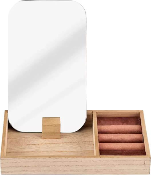 Generic Wooden tray jewellery Box with Mirror and velvet lining Pink Bathroom Mirror