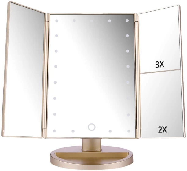 Vitaease Champagne Gold Tri-Fold Mirror: Magnified LED Vanity Mirror with Base Lighted Mirror