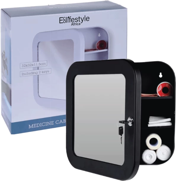 ECO LIFESTYLE AFRICA Medicine Cabinet with Mirror – Black - Storage Cabinet with Keys Safe Locker