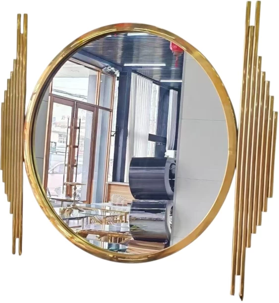 WOODLY Luxurious Gold-Framed Round Wall Mirror with Rod Accents Decorative Mirror