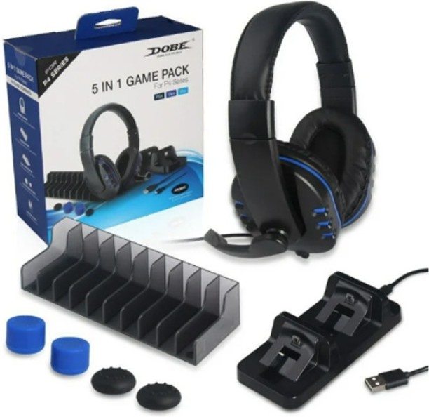 Dobe PS4 5 IN 1 Game Pack Headphones, Charging Dock, Game Stand, Silicon Cap Motion Controller (Black)  Motion Controller