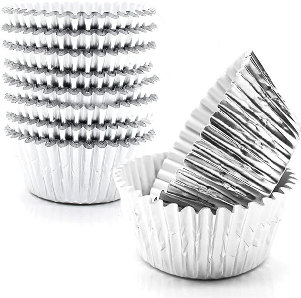 Maruti Groups 100 Pieces Foil Cupcake Liners - Silver Metallic Baking Cups - 7cm / No. 7 Paper Cake Mould 100