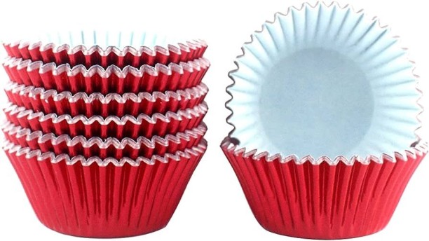 Maruti Groups 100 Pieces Foil Cupcake Liners – Red Metallic Baking Cups for Weddings and Events (Size 10.5cm / Number 10) Paper Cake Mould 100