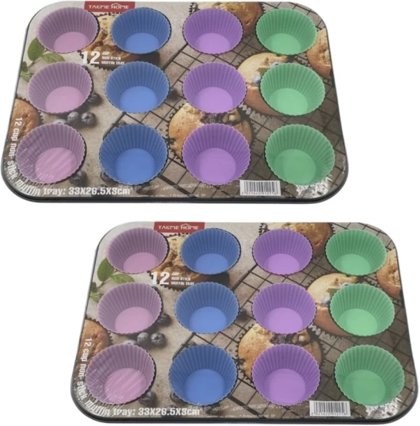 Takme Home Pastel Perfection: Set of 2 - 12-Cup Muffin Pans with Silicone Cups Aluminium Cupcake/Muffin Mould 12