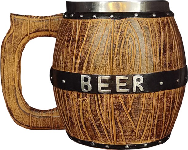 ALANES 500ML Double Wall Oak Barrel Style Cup Simulation Wooden Barrel Beer Stainless Steel Beer Mug