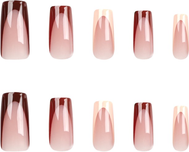 HYHDD 24pc rectangular Maillard style push-on false nails, nude brown edge long nail art nail stickers, tool kit included in the box 2919