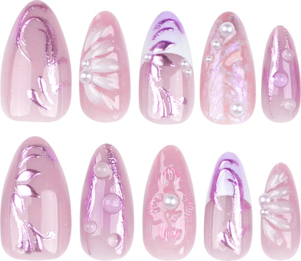 HYHDD 24pc almond magic mirror powder 3D three-dimensional push-on false nails Flower pearl long nail art nail stickers The box contains a tool kit 3272