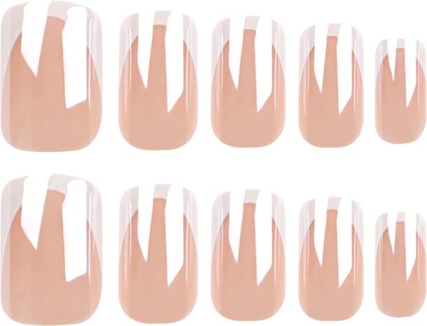 HYHDD 24pc rectangular nude white edge push-on false nails, French simple short nail art nail stickers, tool kit included in the box 2812