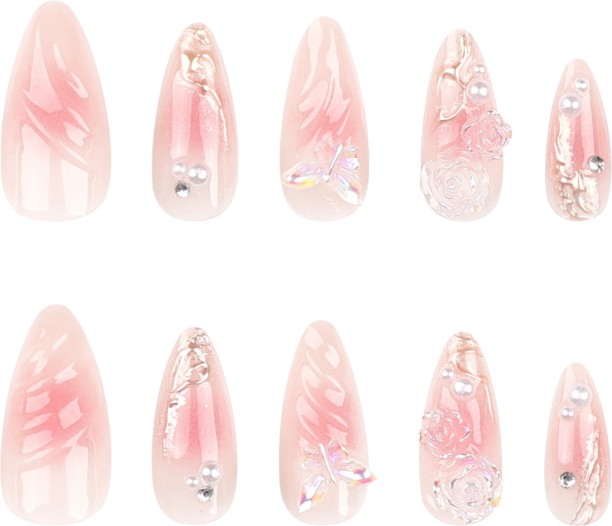 HYHDD 24pc almond gold magic mirror powder push-on false nails Three-dimensional water ripple long nail art nail stickers The box contains a tool kit 3298