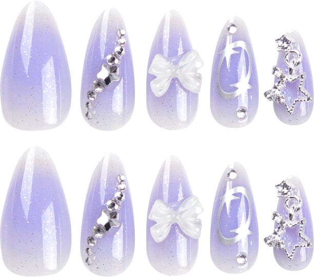 HYHDD 24pc rectangular purple push-on false nails Star bow long nail art nail stickers The box contains a tool kit 2826