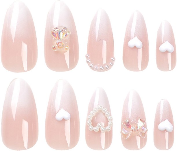 HYHDD 24pc almond pure desire style push-on false nails French gradient long nail art nail stickers The box contains a tool kit