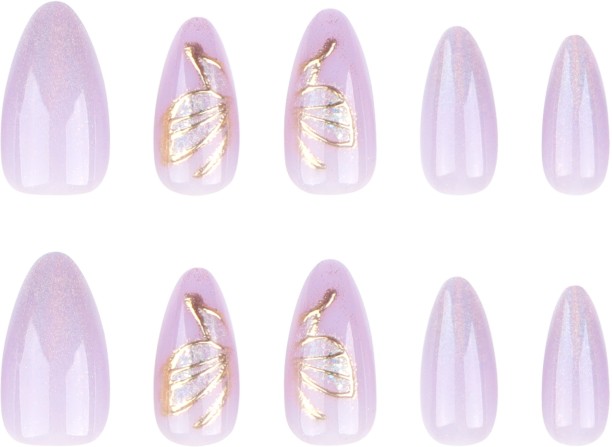 HYHDD 24pc almond purple simple magic mirror powder push-on false nails Gold butterfly short nail art nail stickers, tool kit included in the box 3301