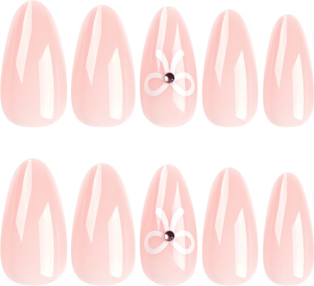 HYHDD 24pc almond high-end nude push-on false nails, simple bow medium-long nail art nail stickers, tool kit included in the box 3122