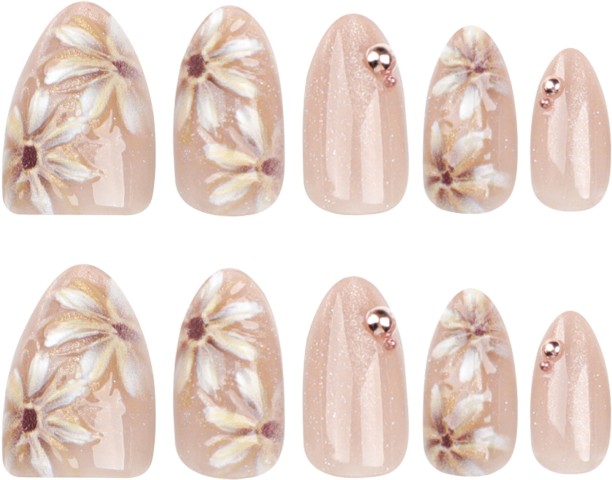 HYHDD 24pc short pointed nude flower push-on false nails, 3D short high-end nail art nail stickers, tool kit included in the box 3314