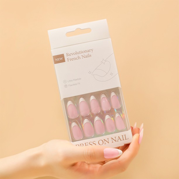 HYHDD 30pc almond French push-on false nails, high-end nude medium-long nail art nail stickers, tool kit included in the box 0012