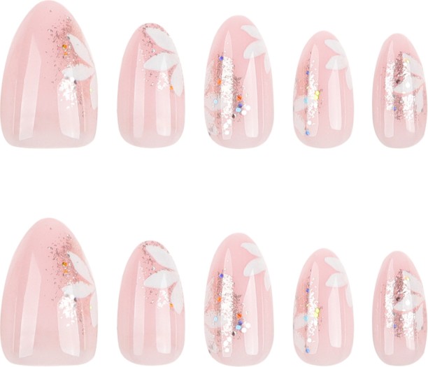 HYHDD 24pc almond simple pink push-on false nails Flower glitter short nail art nail stickers The box contains a tool kit 3252