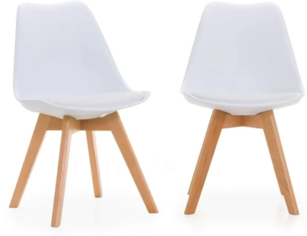 SMTE Dining Chairs with Cushion Seat, Wooden Legs (White) - Set of 2 - White Leather Cafeteria Chair