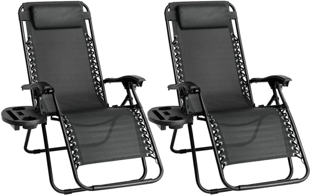 GL Set of 2 Outdoor Folding Reclining Lounger Chairs – Black Zero Gravity Patio Chairs Rope Lounge Chair