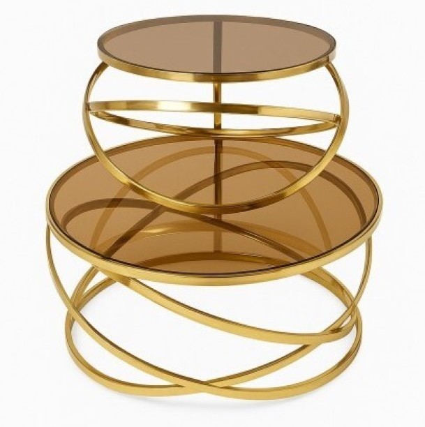 Luxury Set of 2 Round Glass Coffee Table With Gold Metal Frame Coffee Table