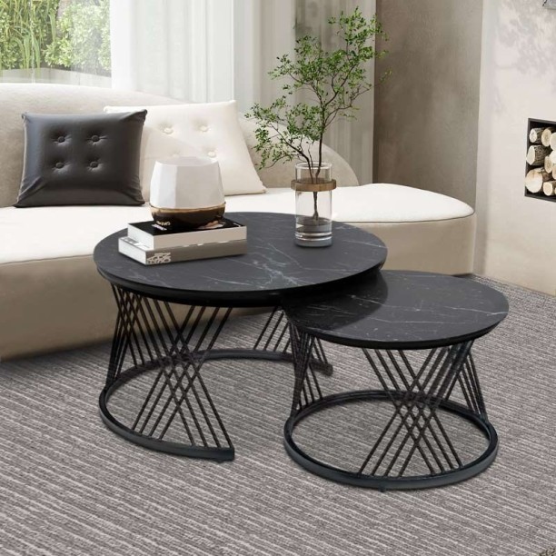 ONLINE OASIS Twist Stylish White Glass Round Coffee Table Black Cafeteria Table