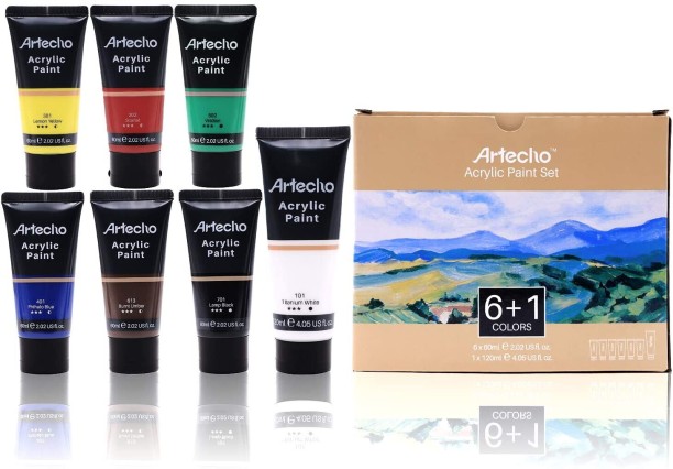 Lifespace Artecho Acrylic Paint Set, 7 Primary Colours - 6 x 60ml & 1 x 120ml Titanium White Acrylic Paint