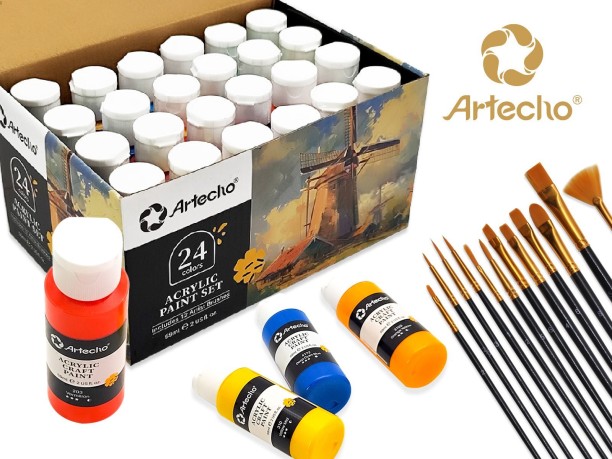 Lifespace Artecho 24 Colours Acrylic Paint Set & 10pc Paint Brush Set - 59ml Bottles