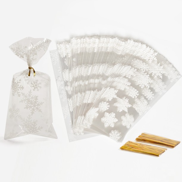 chenshia Christmas Snowflake Treat & Gift Bags – 200 Clear Cellophane Bags with Twist Ties for Cookies, Candy & Party Favors Printed Cellophane Party Bag