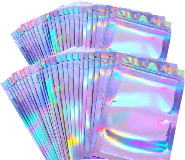 Miss Bliss Imports Resealable Silver Holographic Gift Food Travel Bags - 16x23cm - 50 Pack Plastic Storage Pouch