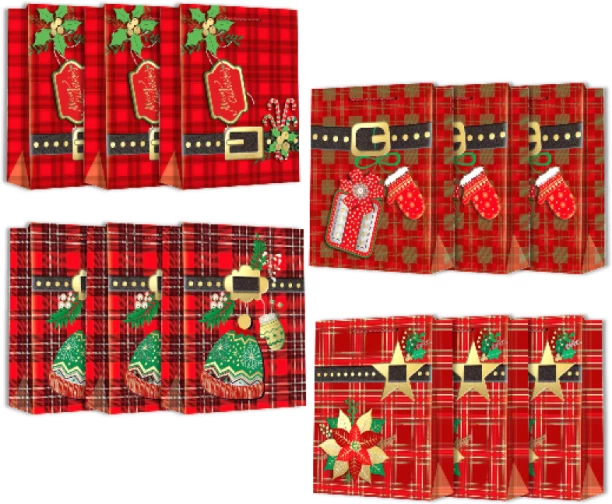 R AND E Christmas Gift Bags Premium Paper Carrier Bags Bulk Pack -12 Pack - Size: M Printed Paper Gift Bag