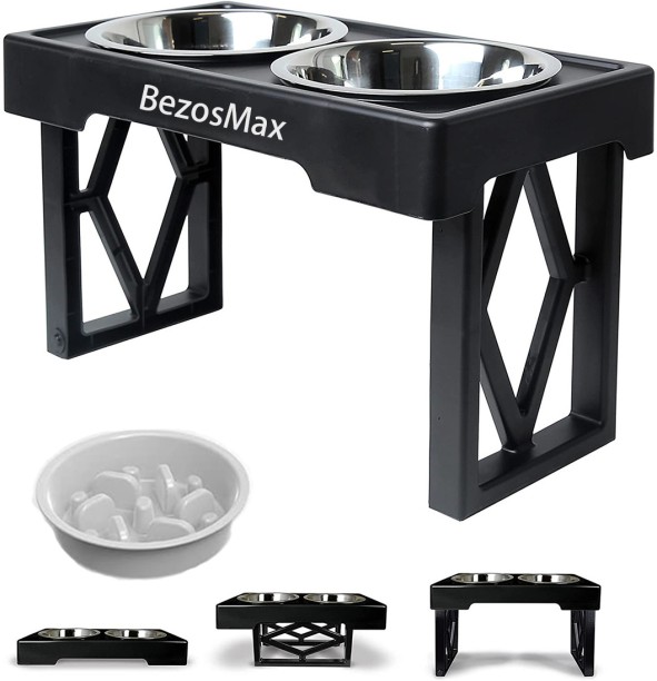 BezosMax 3 in 1 Adjustable Elevated Dog Bowls with Slow Feeder, Non-Slip Raised Stand with 2 Thick 44oz Stainless Steel Food Bowls, 3 Height Adjustable Dogs Bowl Stand for Small Medium Dogs Stainless Steel Pet Bowl