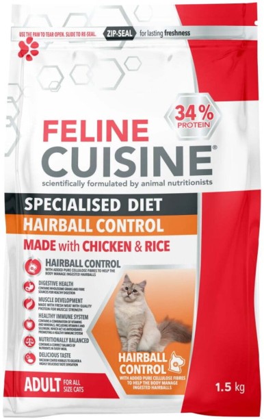 Feline Cuisine Speciallised Diet (Hairball Control) Chicken, Rice 1.5 kg Dry Adult Cat Food