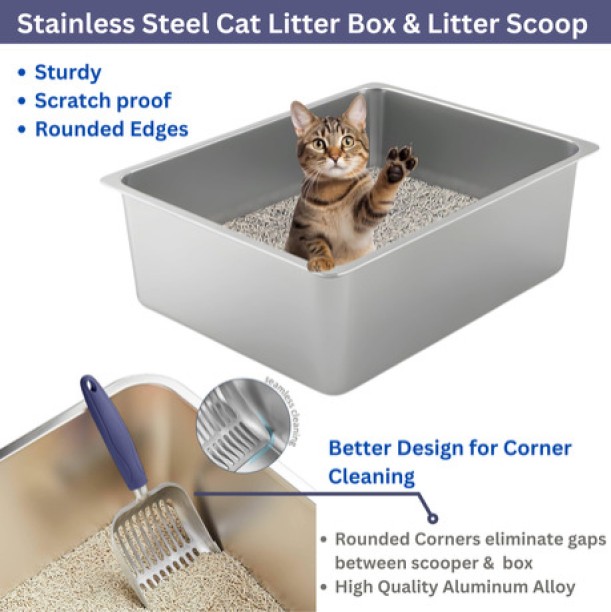 Shopnmore Stainless Steel Cat Litter Box With Cat Litter Scoop, Non Stick, No Smell Pet Litter Tray Refill