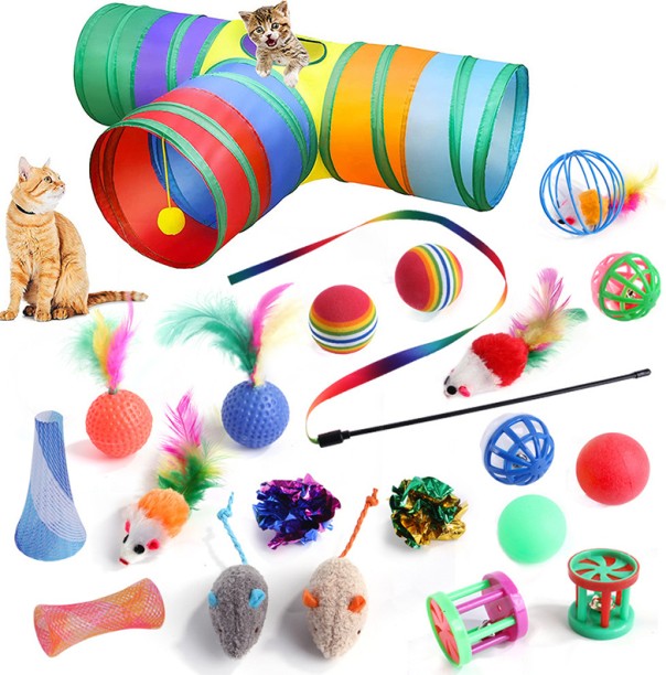 MUST 21Pcs Cat Toy Set 3-way Cat Tunnel and Cat Tease Stick Nylon Ball For Cat
