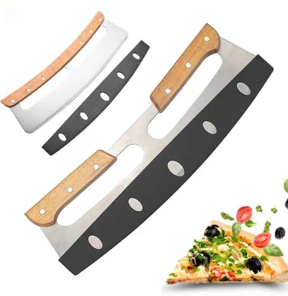 P Concepts The Italian Kitchen Pizza Cutter Rocker with Wooden Handle & Protective Cover, 14" Sharp Stainless Steel Pizza Slicer Wheel Double Ended Pizza Cutter