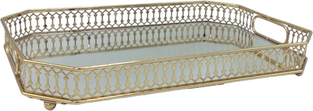 Crockery Centre Tray 35x25x5.5cm Classic Gold Metal With Mirror Inlay Tray