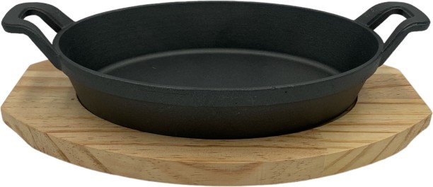Crockery Centre Dish Oval 24X17X4.5Cm Cast Iron With Handles & Wooden Board Sizzler Tray