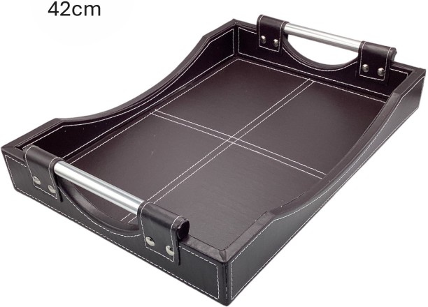 Crockery Centre ray 42x30x6cm Leather With Steel Handles Brown Tray