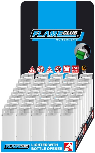 Flame Club 50 Pack N2 Electronic Refillable Lighter with Bottle Opener- White Pocket Lighter