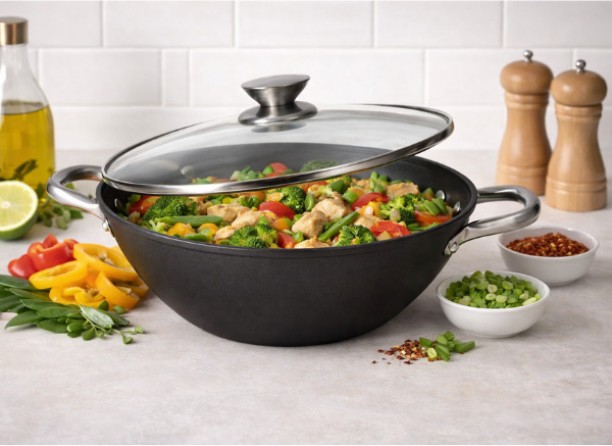 Danny Home Cast Iron Non-Stick Wok 35.5cm Wok with Lid 0.35 L capacity 35.5 cm diameter