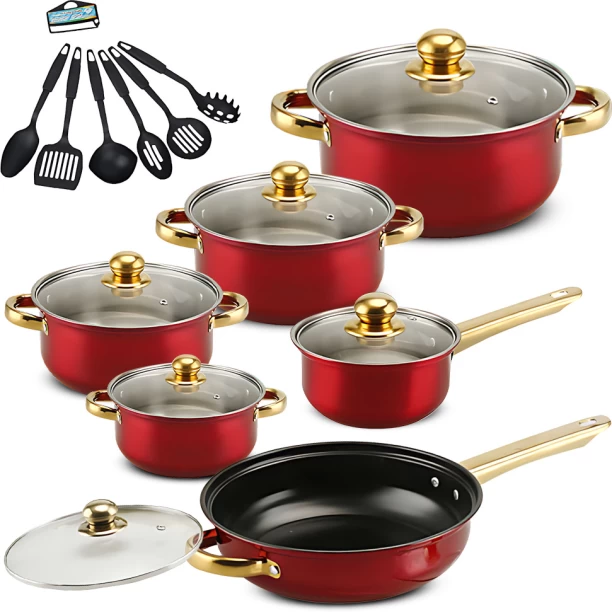 Topika Gold Pots and Pans Set,Stainless Steel Pots Cookware Set with Lids - Red Pan with Lid 1 L capacity