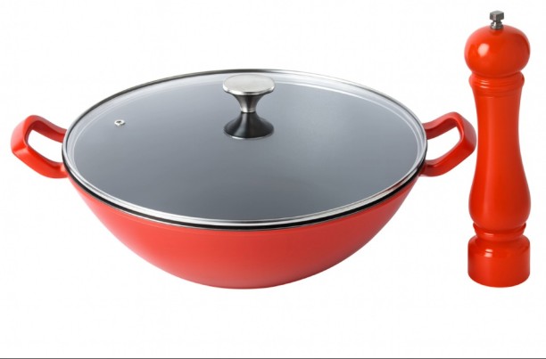 Veeze 36cm Cast Iron Wok + 21cm Matching Red Mill Wok Set with Lid 4.5 L capacity